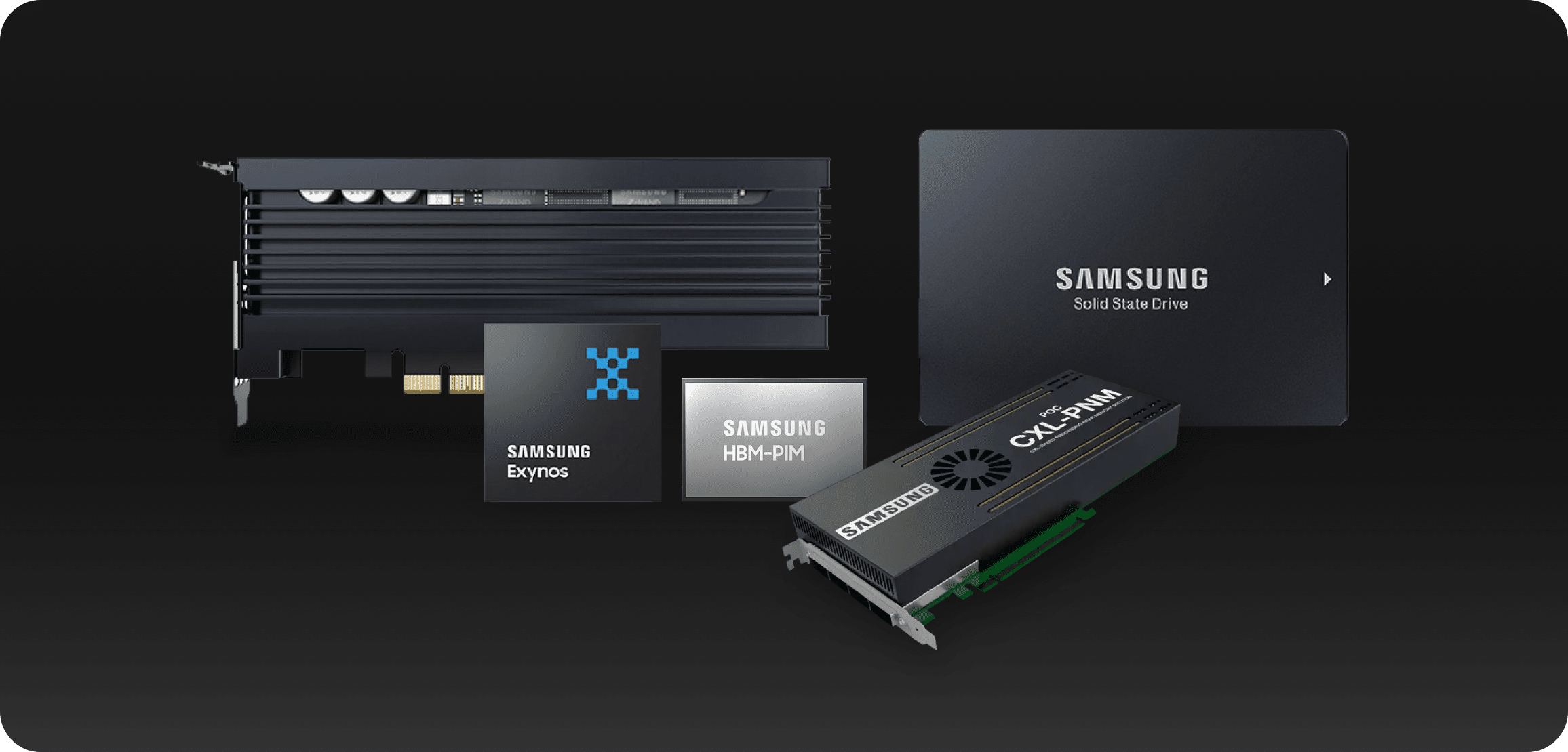 An image of AI solutions including Exynos mobile processor, HBM-PIM, CXL-PNM, Z-SSD and AutoSSD.