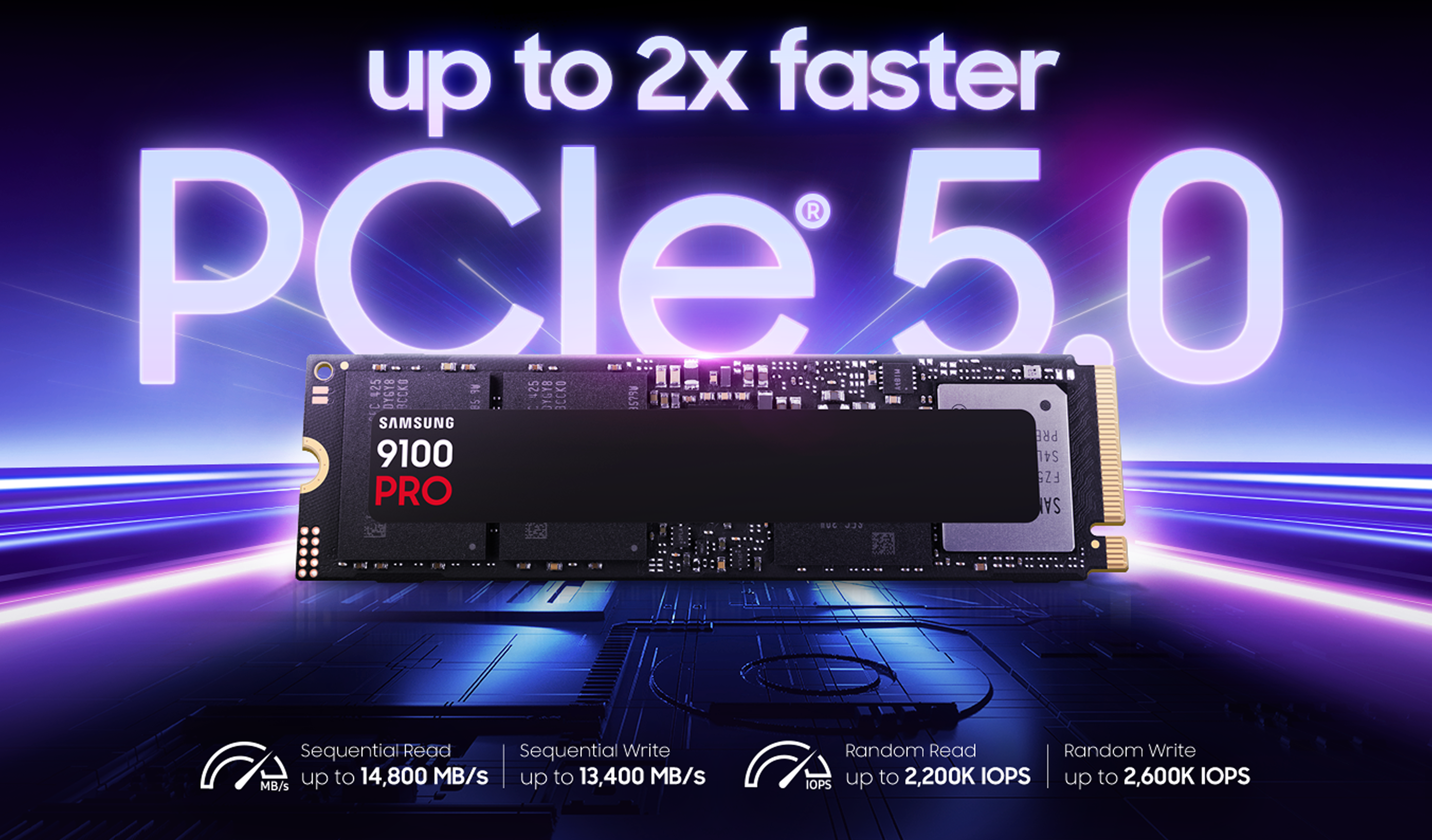 A Samsung 9100 PRO PCIe 5.0 NVMe SSD, emphasizing its cutting-edge speed, with sequential read speeds up to 14,800 MB/s and write speeds up to 13,400 MB/s.