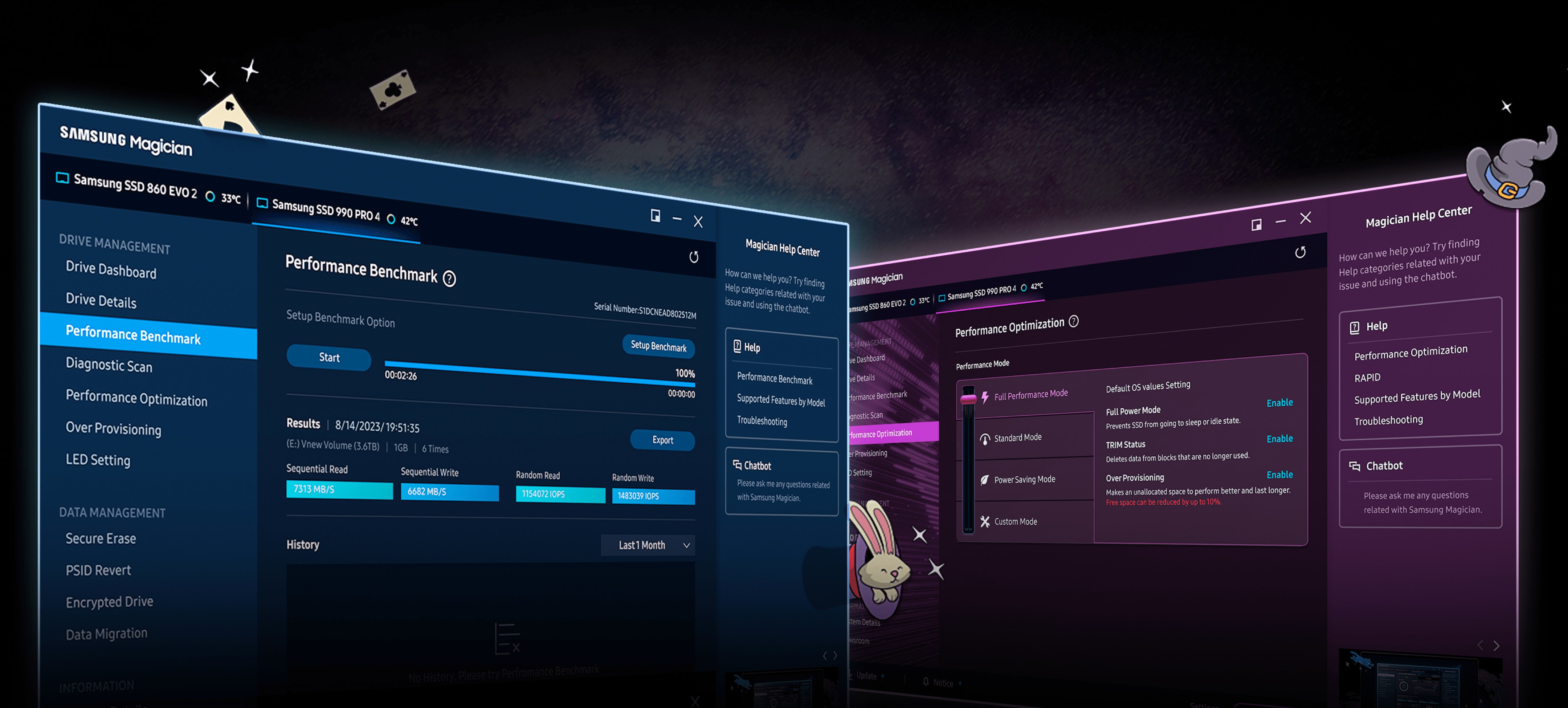 Through the performance benchmark test feature in Samsung Magician, it's possible to optimize the performance of a newly connected drive.