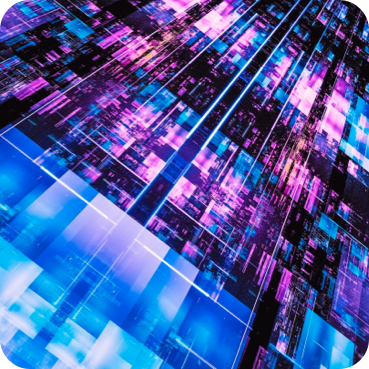 Futuristic digital illustration of pink and blue glowing data streams arranged in a dynamic grid pattern