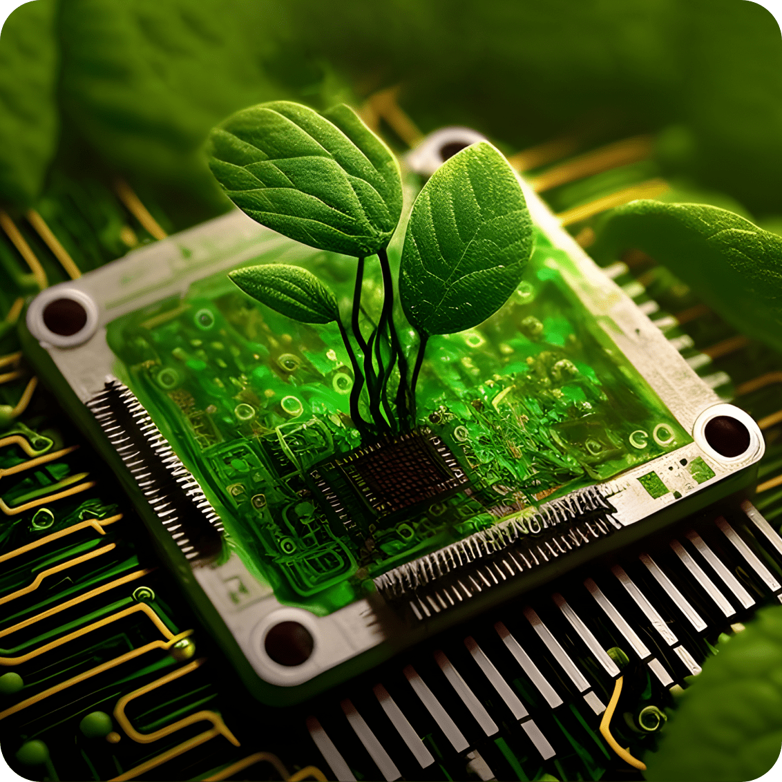 A fresh green leaf grows on a green semiconductor chip.