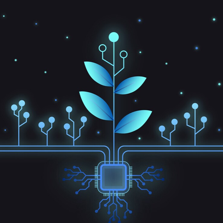 Digital illustration depicting plants growing on microchips